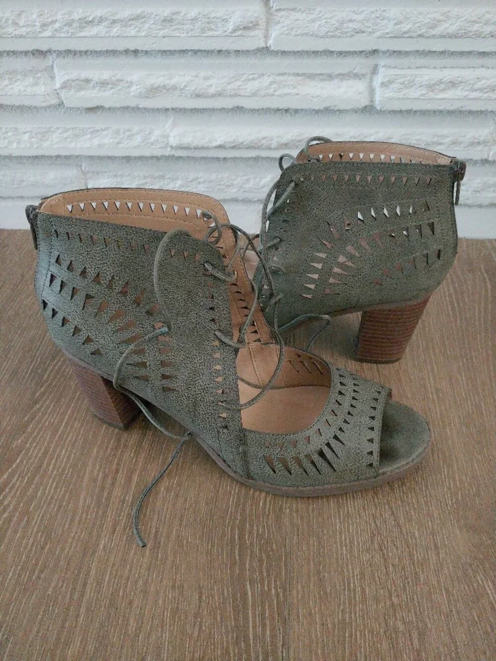 Maurices Carmen Olive Green Laser Cut Lace Up Heels